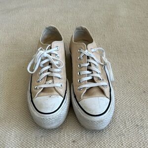 All Star Converse. Tan, neutral colored low rise platform converse